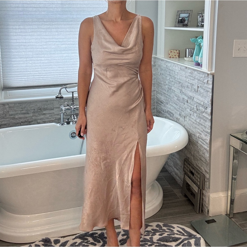 Zara blush champagne slip dress with cowl neck and thigh slit